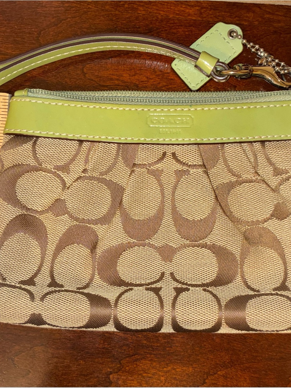 Coach Tan Signature Wristlet with Lime Green Trim
